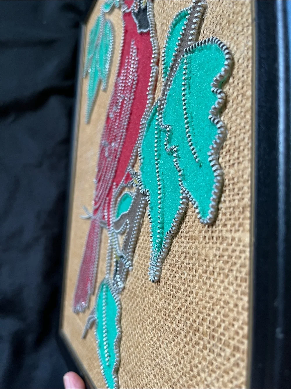Vtg Mixed Media Zipper & Sand Art Framed CARDINAL Bird On Branch 11.75”x14.75”